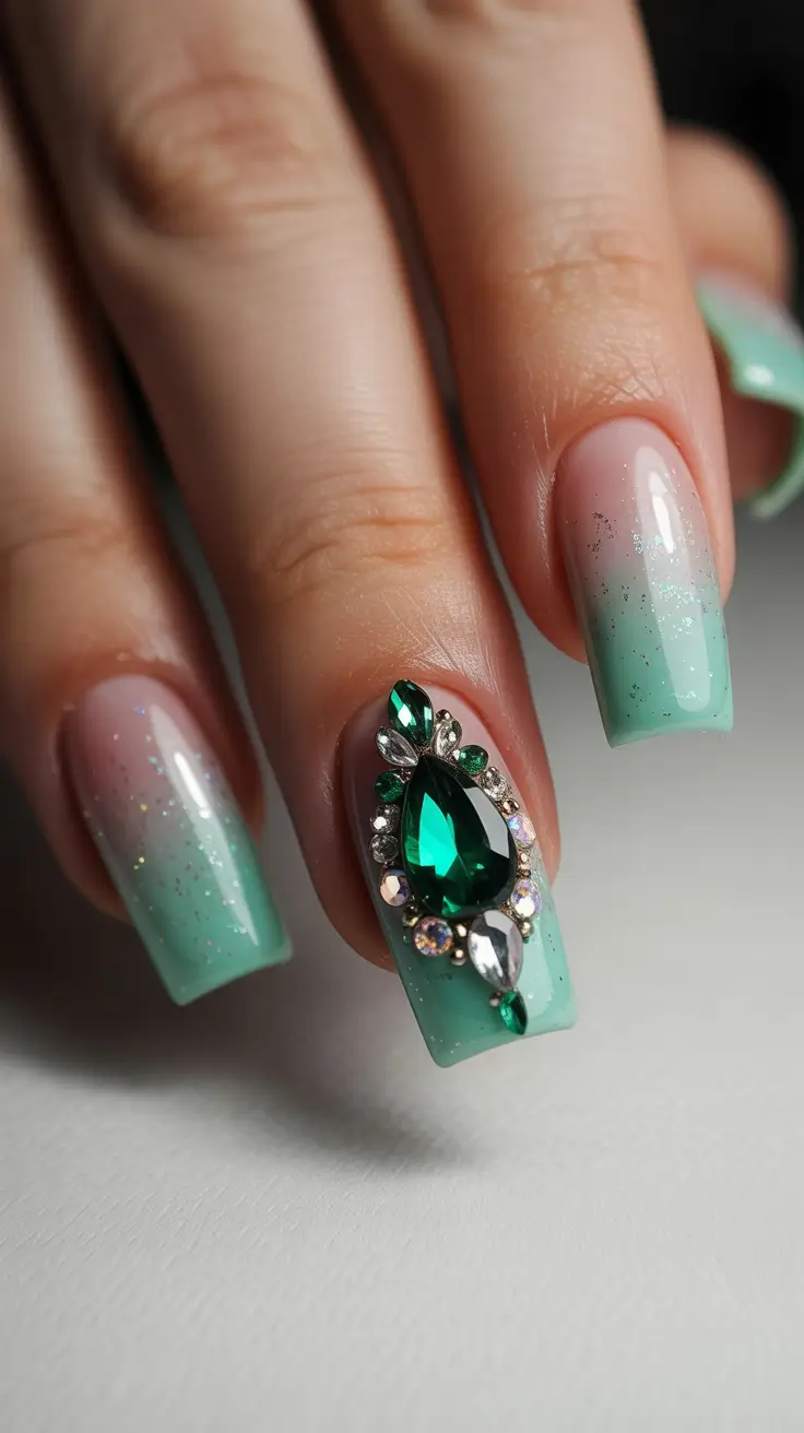 classy spring nails simple 2026 Mint Ombre Square Nails with Jewel Accent