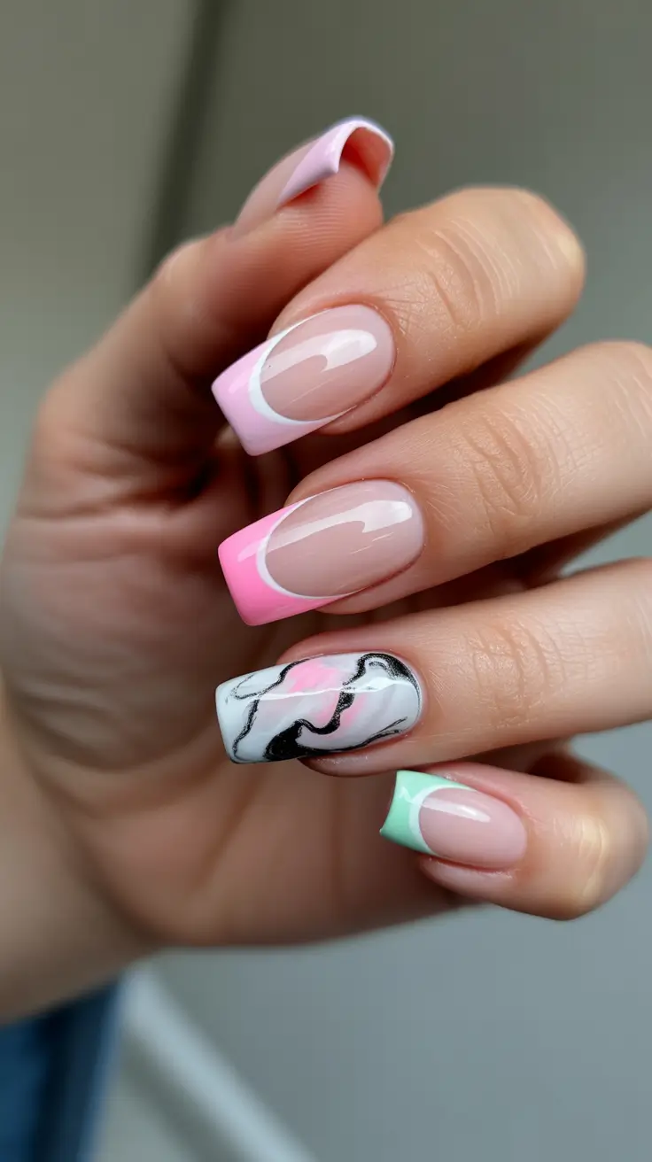 classy spring nails simple 2026 Pastel French Tip Square Nails with Modern Accent Art