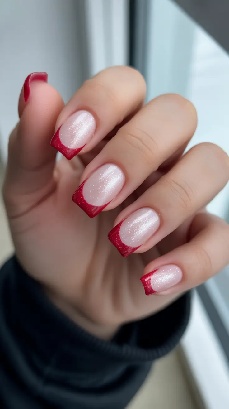 classy spring nails simple 2026 Soft Pearl Pink Square Nails with Red French Tips
