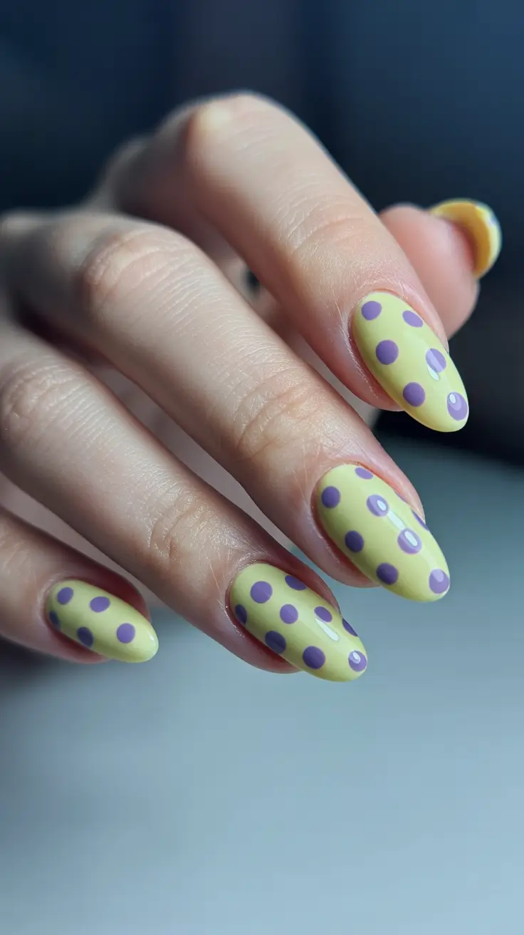 classy spring nails simple 2026 Yellow Almond Nails with Purple Polka Dot Design