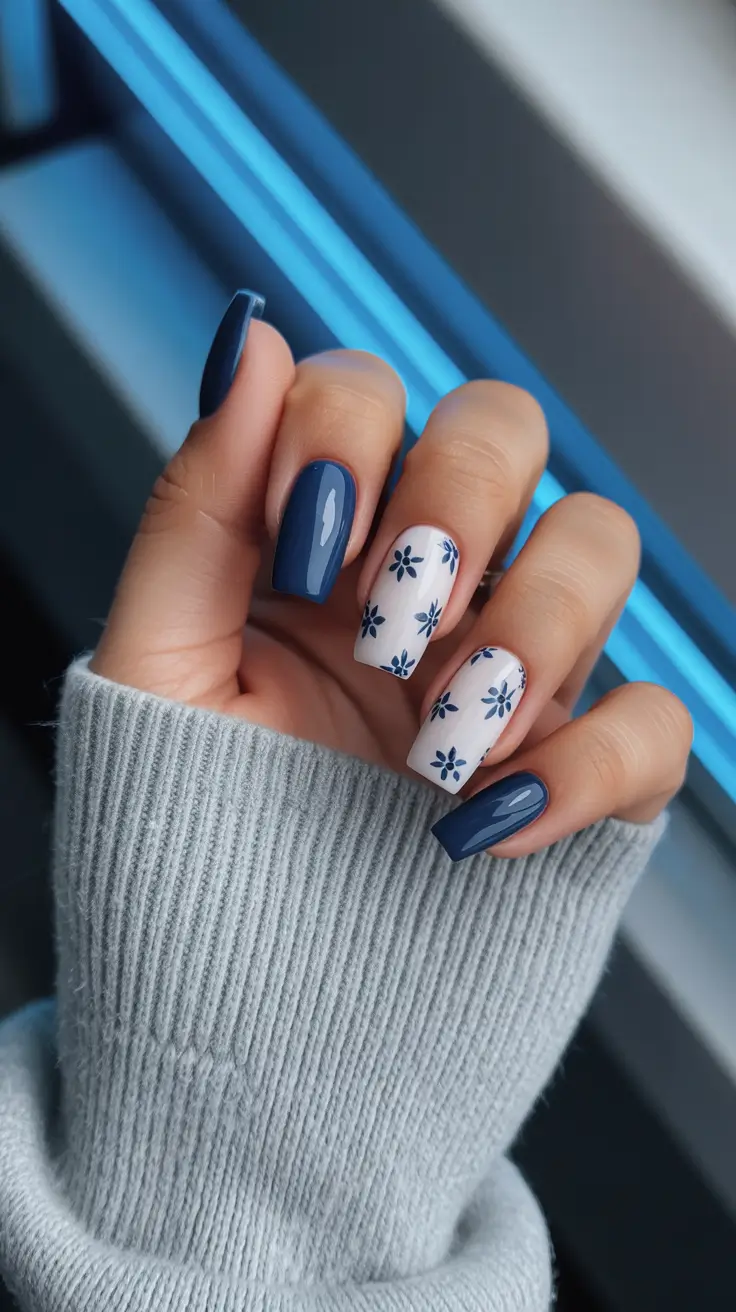 classy spring nails simple 2026 Blue Floral Spring Nail Design