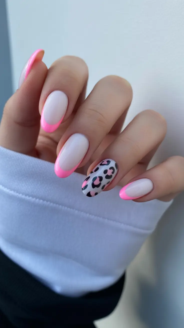 classy spring nails simple 2026 Soft Pink French Tip Almond Nails with Leopard Accent