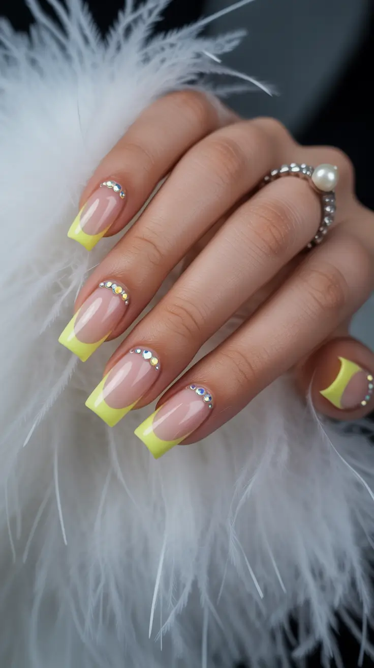 classy spring nails simple 2026 Yellow French Tip Square Nails with Crystal Detail