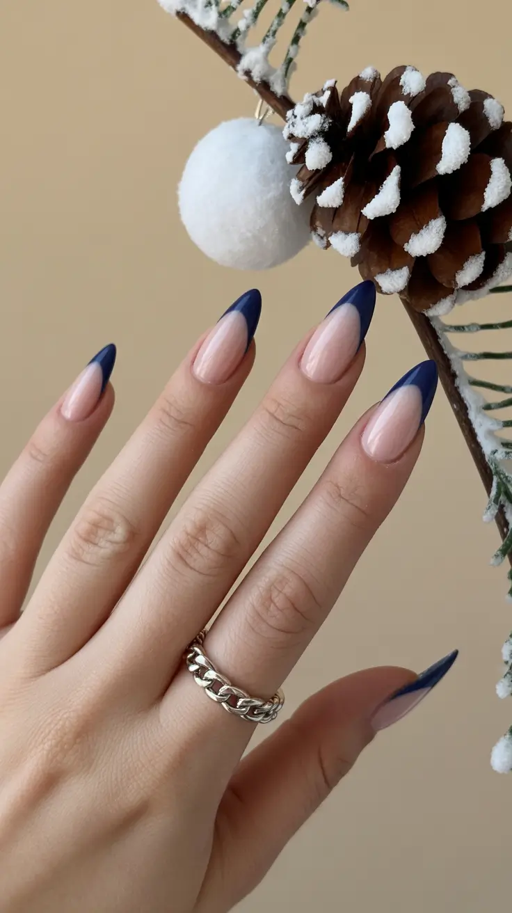 classy spring nails simple 2026 Deep Blue French Tip Almond Nails