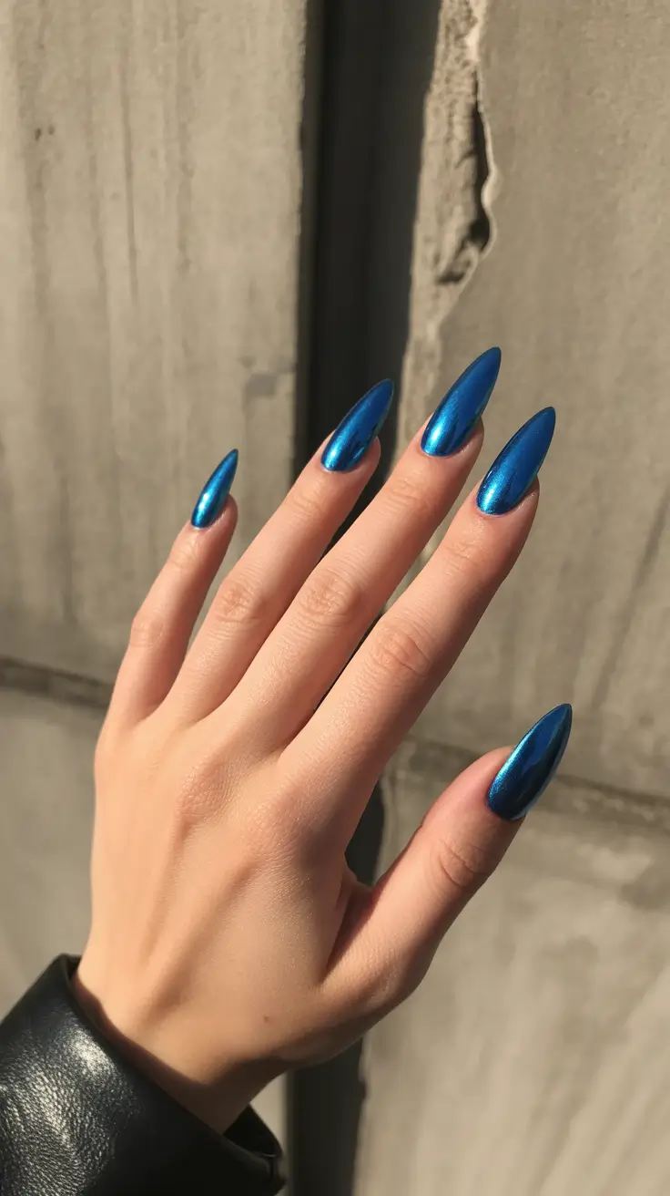 classy spring nails simple 2026 Metallic Blue Almond Nails