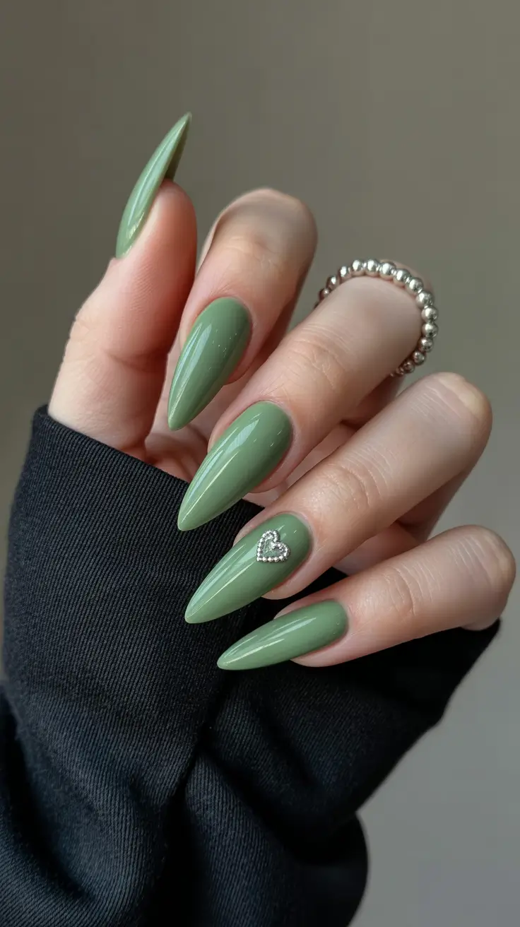 classy spring nails simple 2026 Soft Green Almond Nails with Delicate Heart Accent