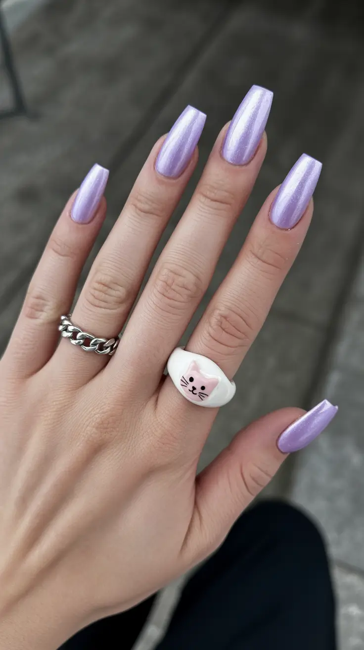 classy spring nails simple 2026 Lavender Chrome Square Nails