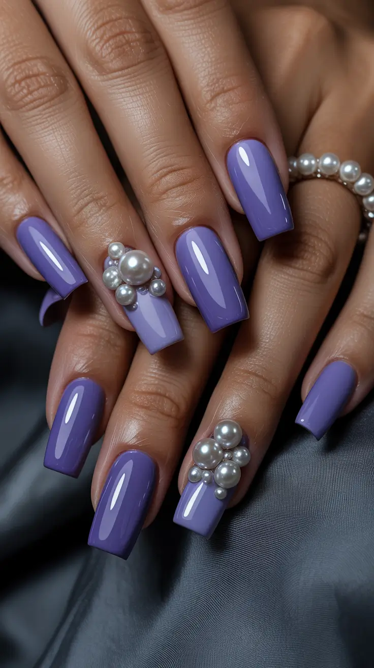 spring nails square 2026 Glossy Lavender Drama with Pearl Accents