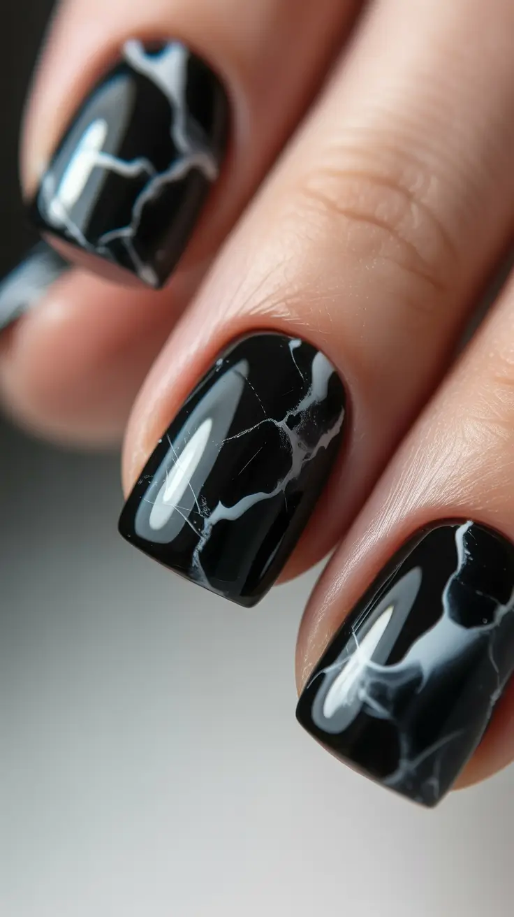 spring nails square 2026 Modern Black Marble Square Art