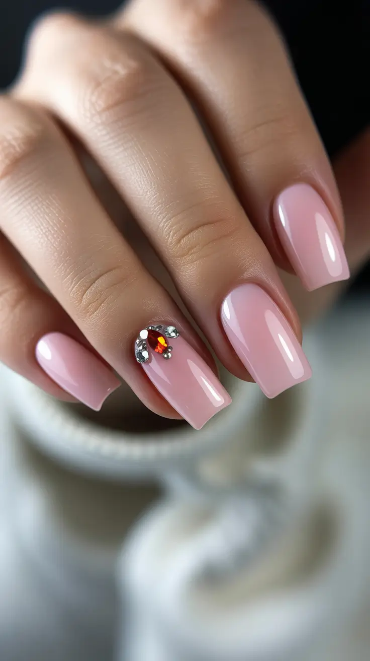spring nails square 2026 Soft Pink Square Crystal Accent Romance