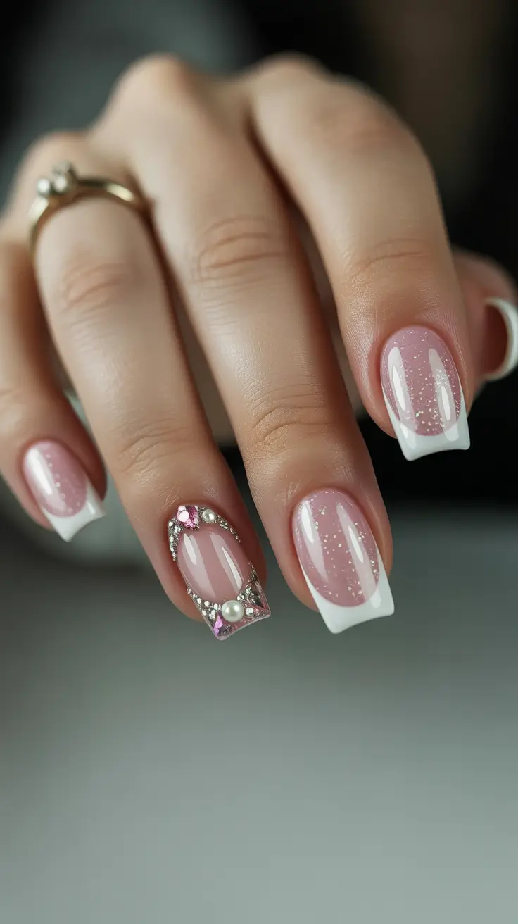 spring nails square 2026 Soft Pink Glitter French Elegance