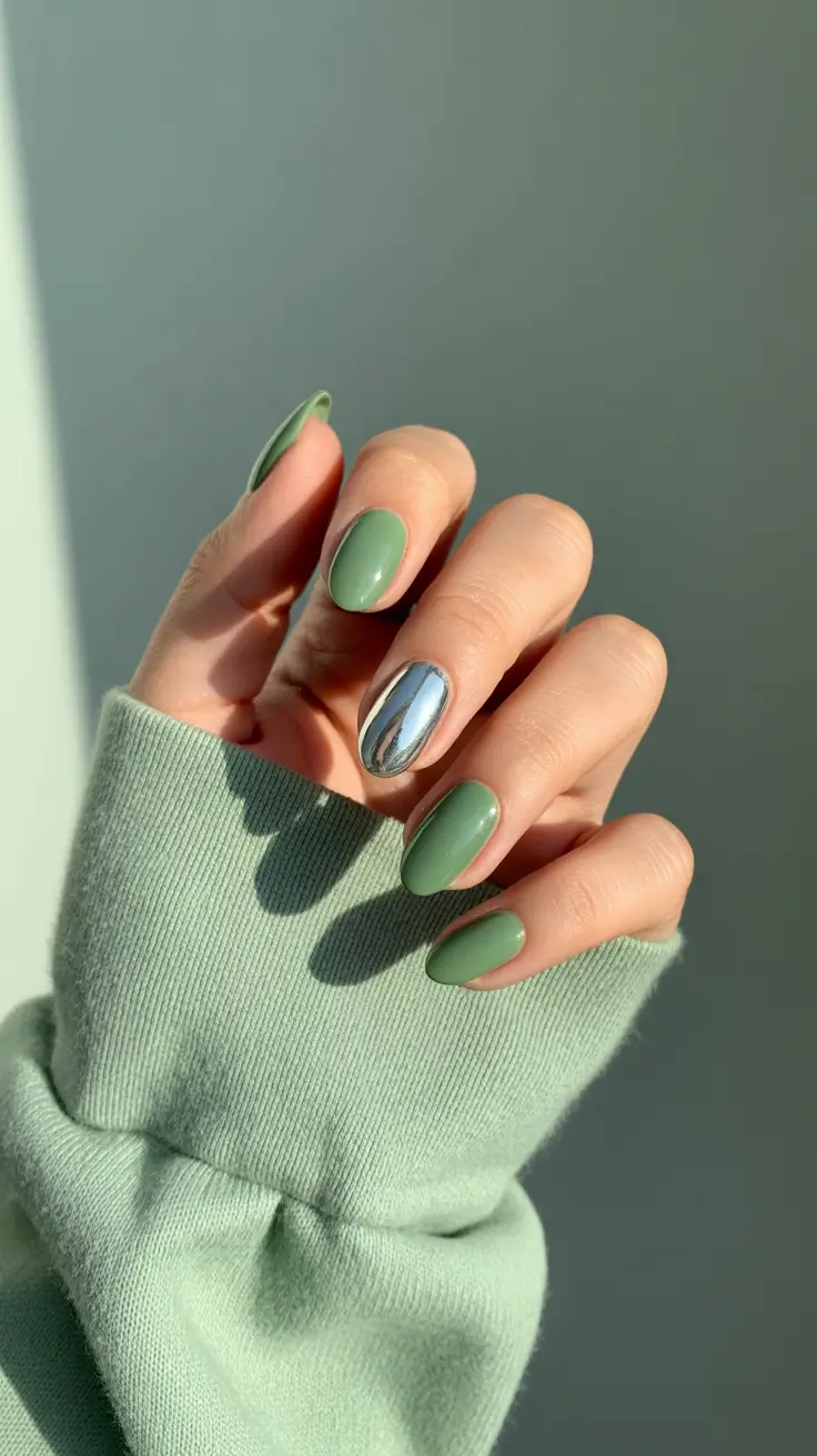 spring oval nails 2026 Sage green and metallic accent for trendy modern oval nails
