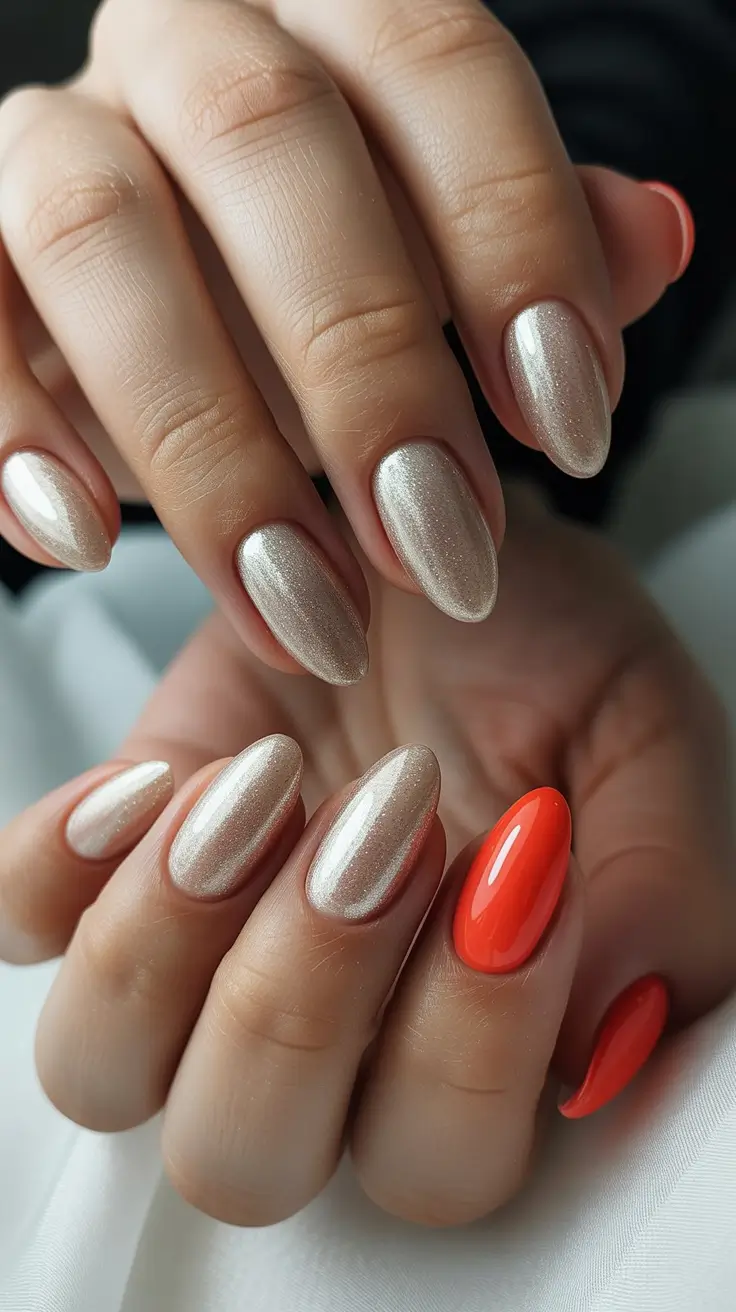 spring oval nails 2026 Champagne shimmer elegance with vibrant coral accent