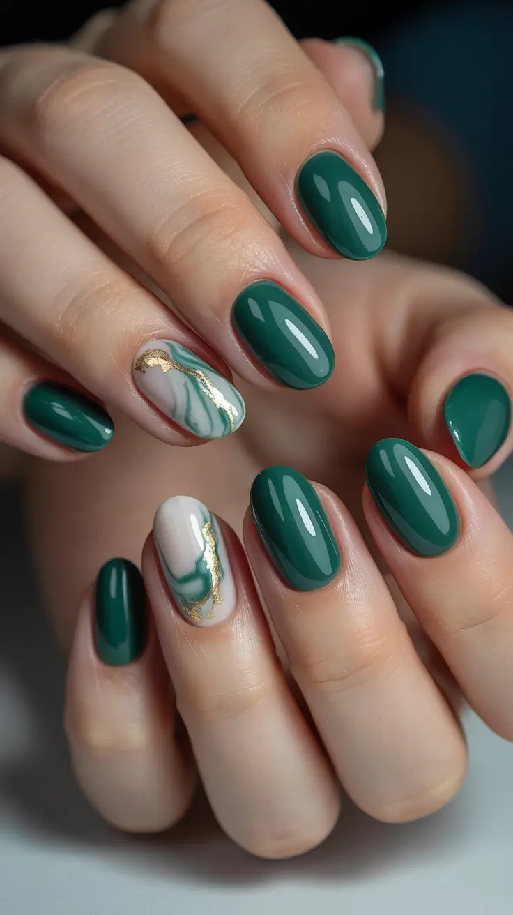 spring oval nails 2026 Deep green marble art for modern classy spring vibes
