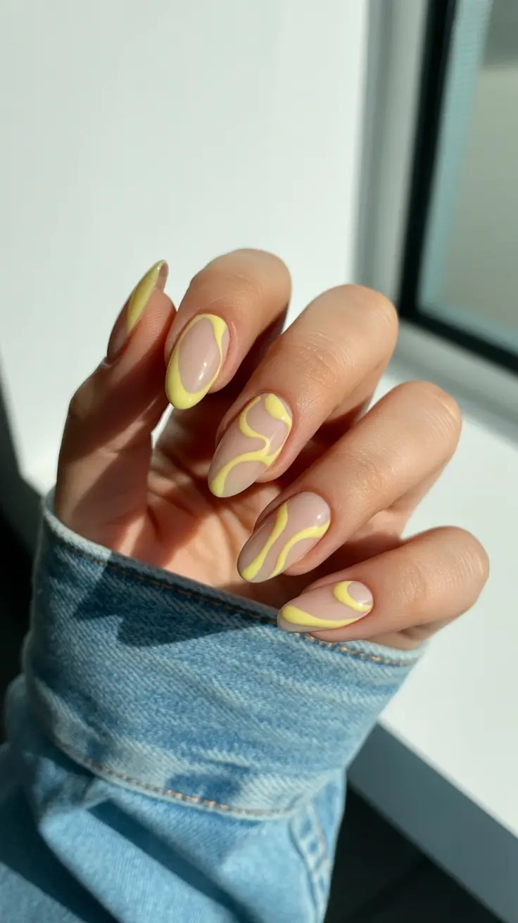 spring oval nails 2026 Sheer nude base with lemon yellow waves for minimalist spring inspo