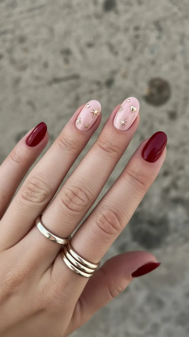 spring oval nails 2026 Soft pink and deep berry contrast with delicate star accents