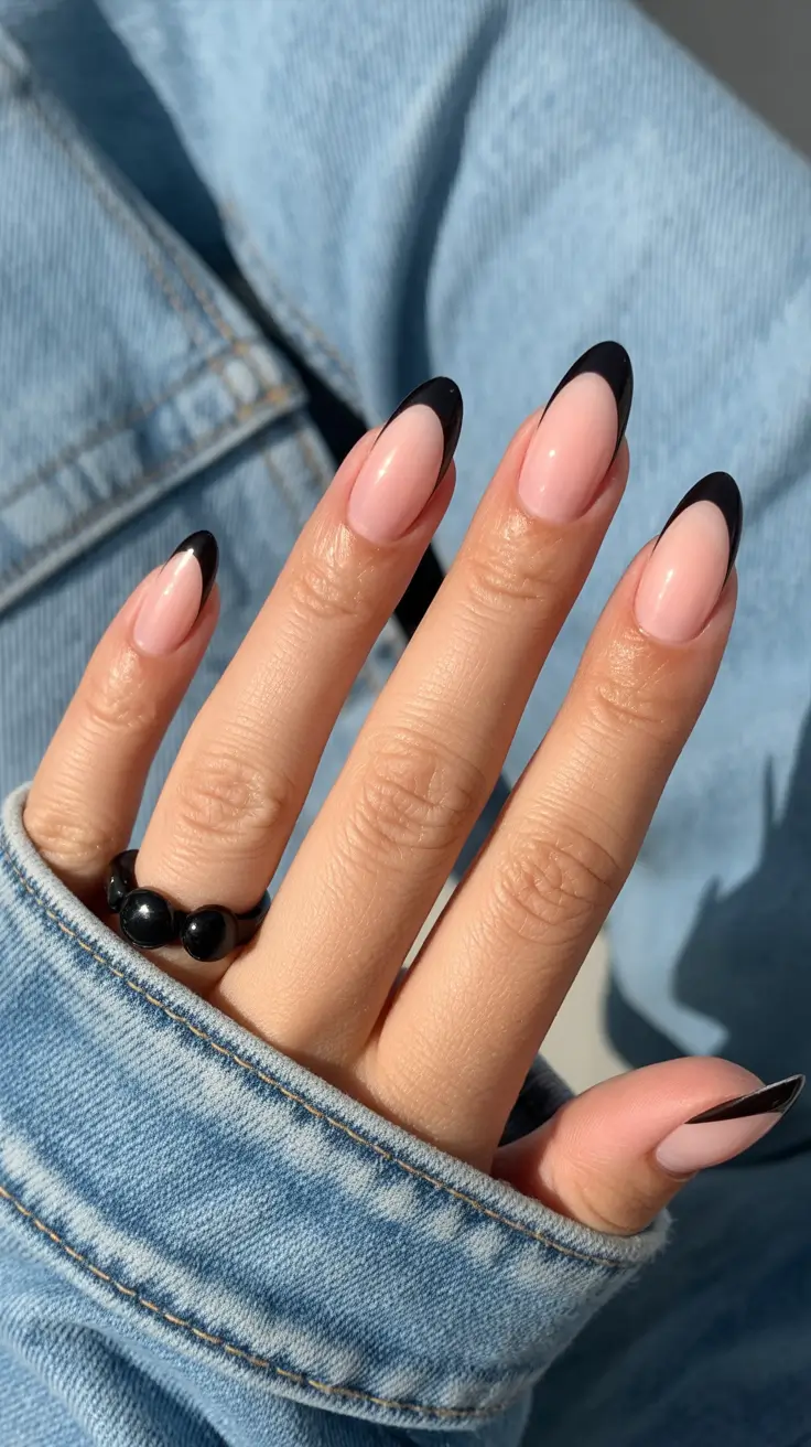 spring oval nails 2026 Modern black French tips for edgy classy oval nails