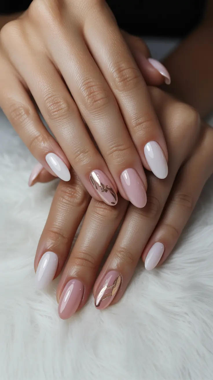 spring oval nails 2026 Milky blush elegance with delicate gold accents