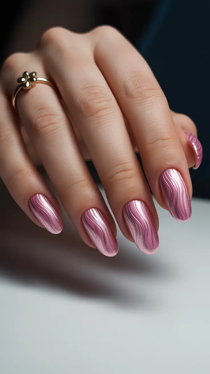 spring oval nails 2026 Romantic pink chrome waves for playful spring inspo