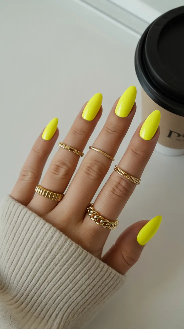 spring oval nails 2026 Neon yellow statement nails that capture spring fun