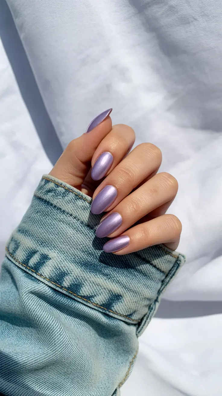 spring oval nails 2026 Soft lilac chrome glow for fresh spring confidence