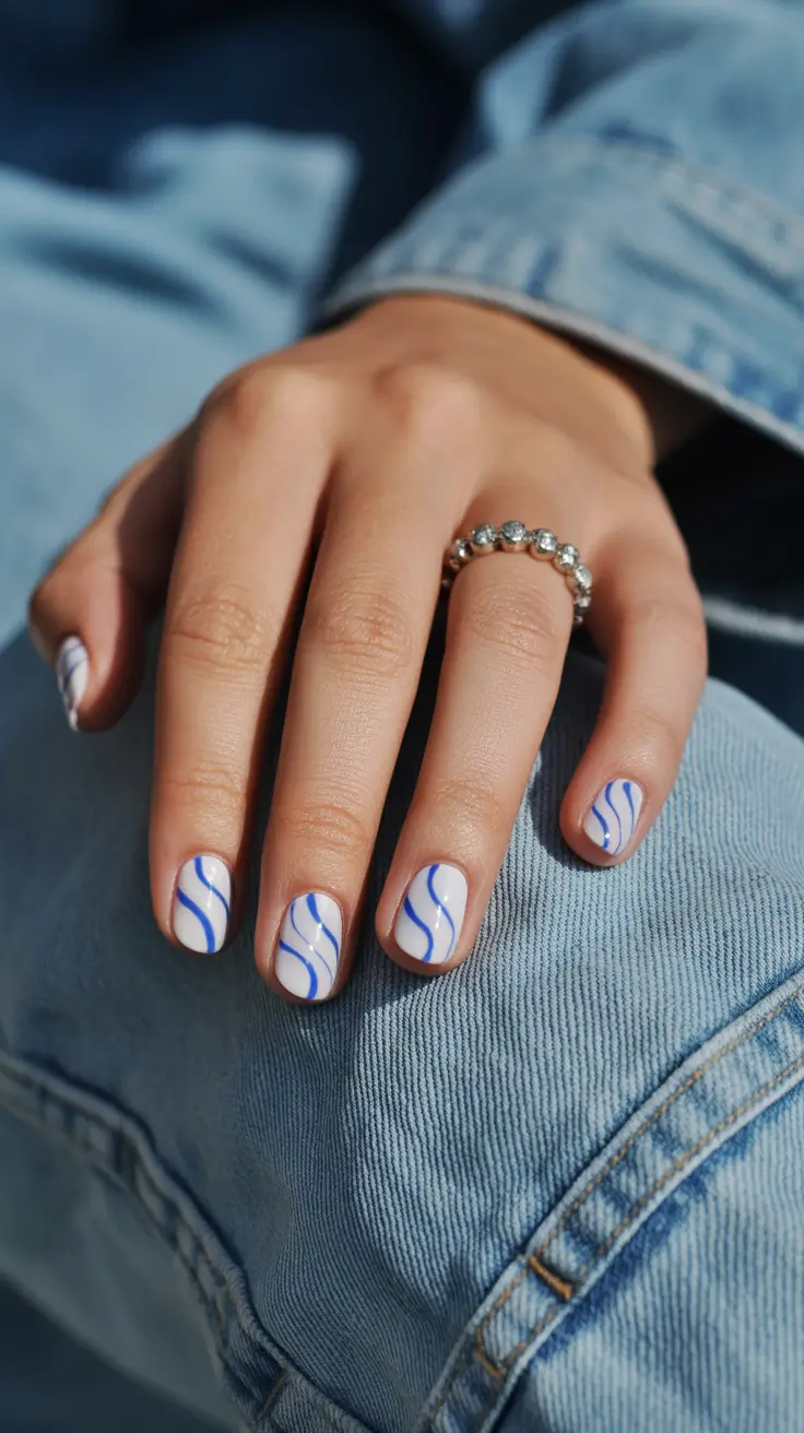 spring oval nails 2026 Minimal white and blue wave accents for playful short oval nails