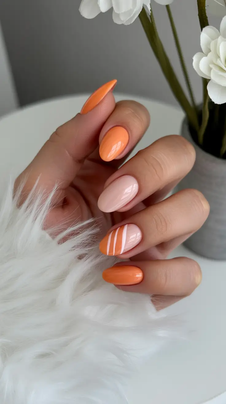 spring oval nails 2026 Peachy nude and coral mix for warm feminine spring inspo