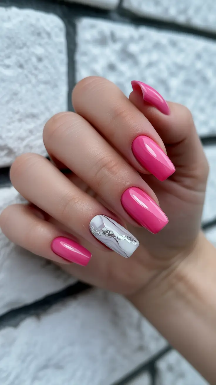classy spring wedding nails for 2026 Bold Pink Marble Accent Nails for a Stylish Wedding Guest