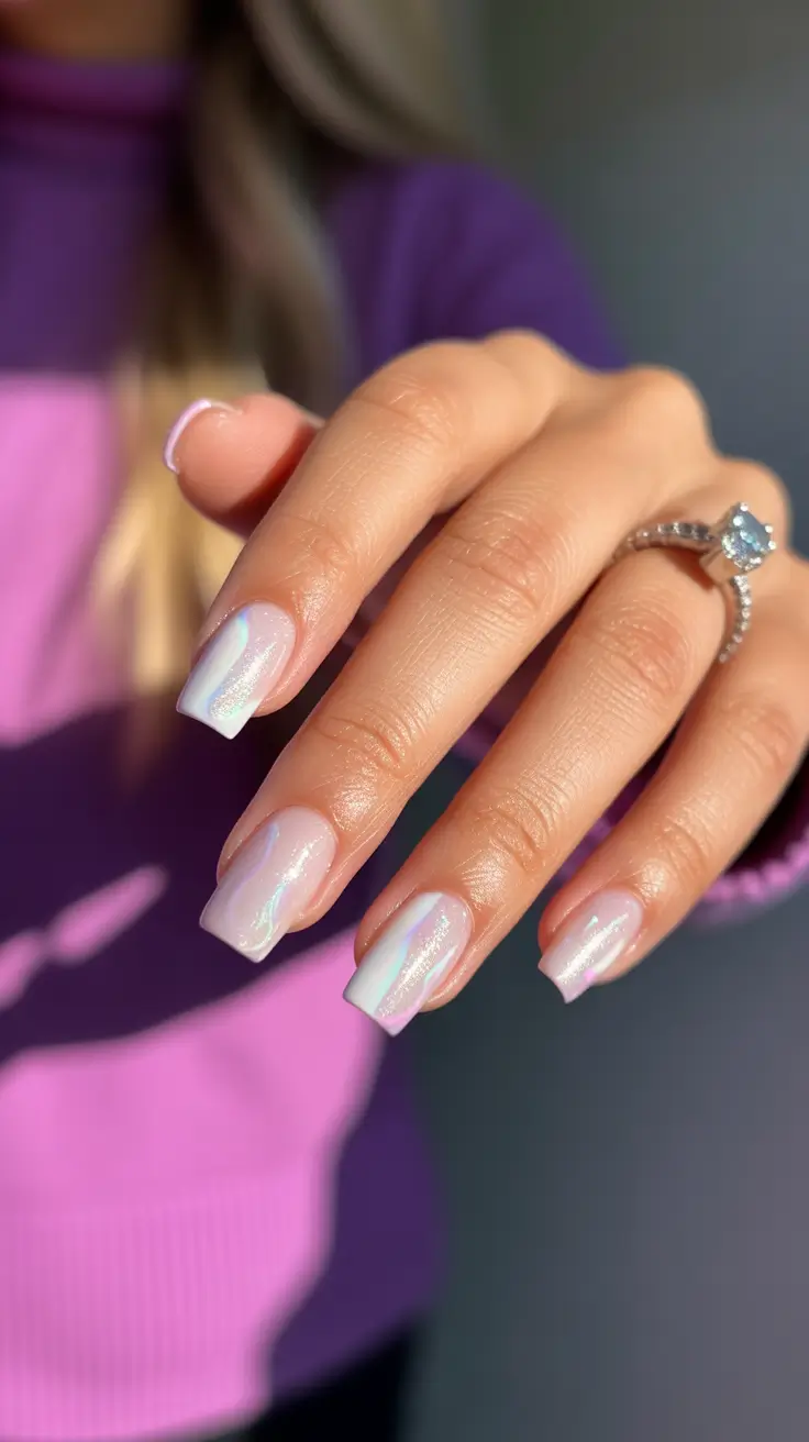 classy spring wedding nails for 2026 Milky Chrome Square Nails with Soft Bridal Glow