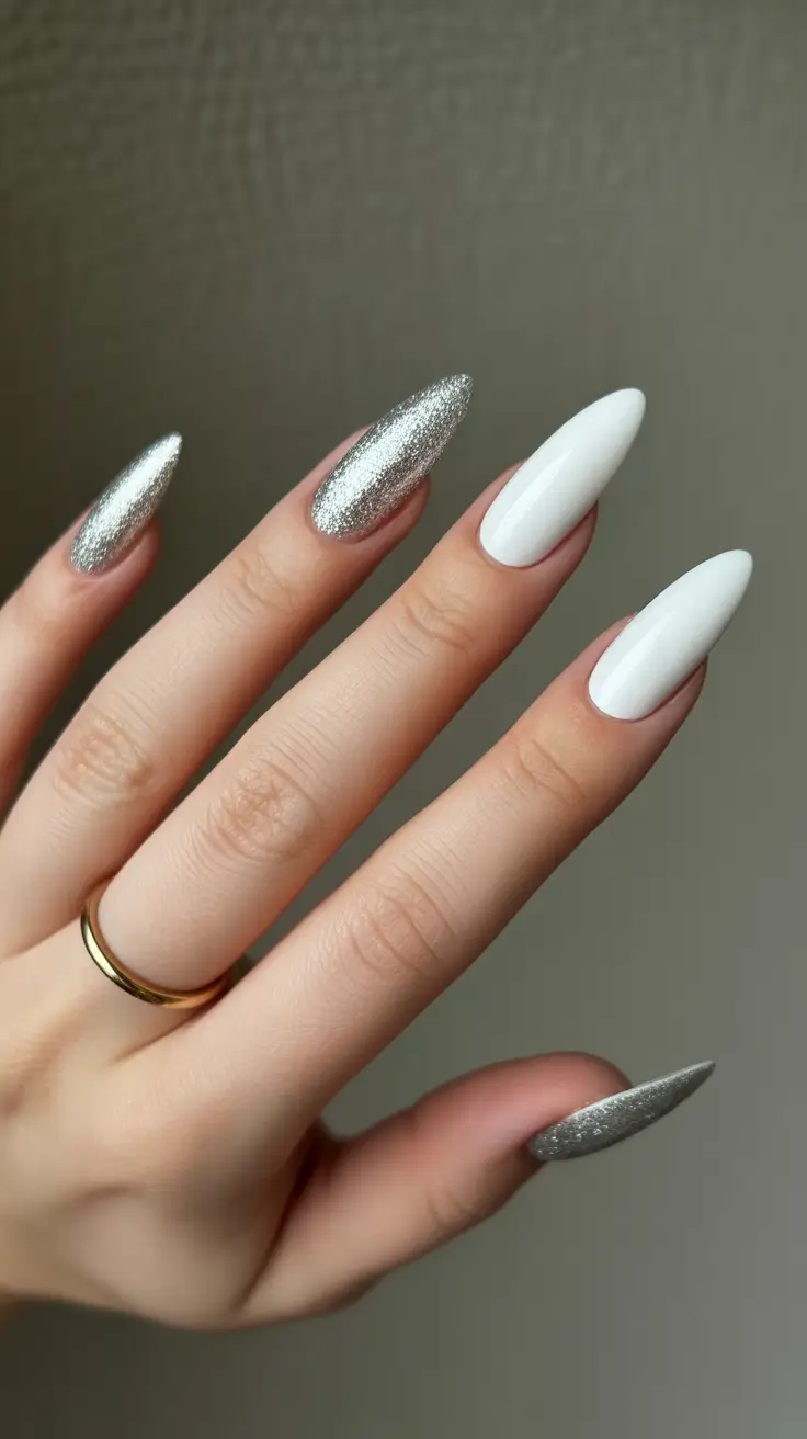 classy spring wedding nails for 2026 Silver Accent Almond Nails for Elegant Evening Ceremonies