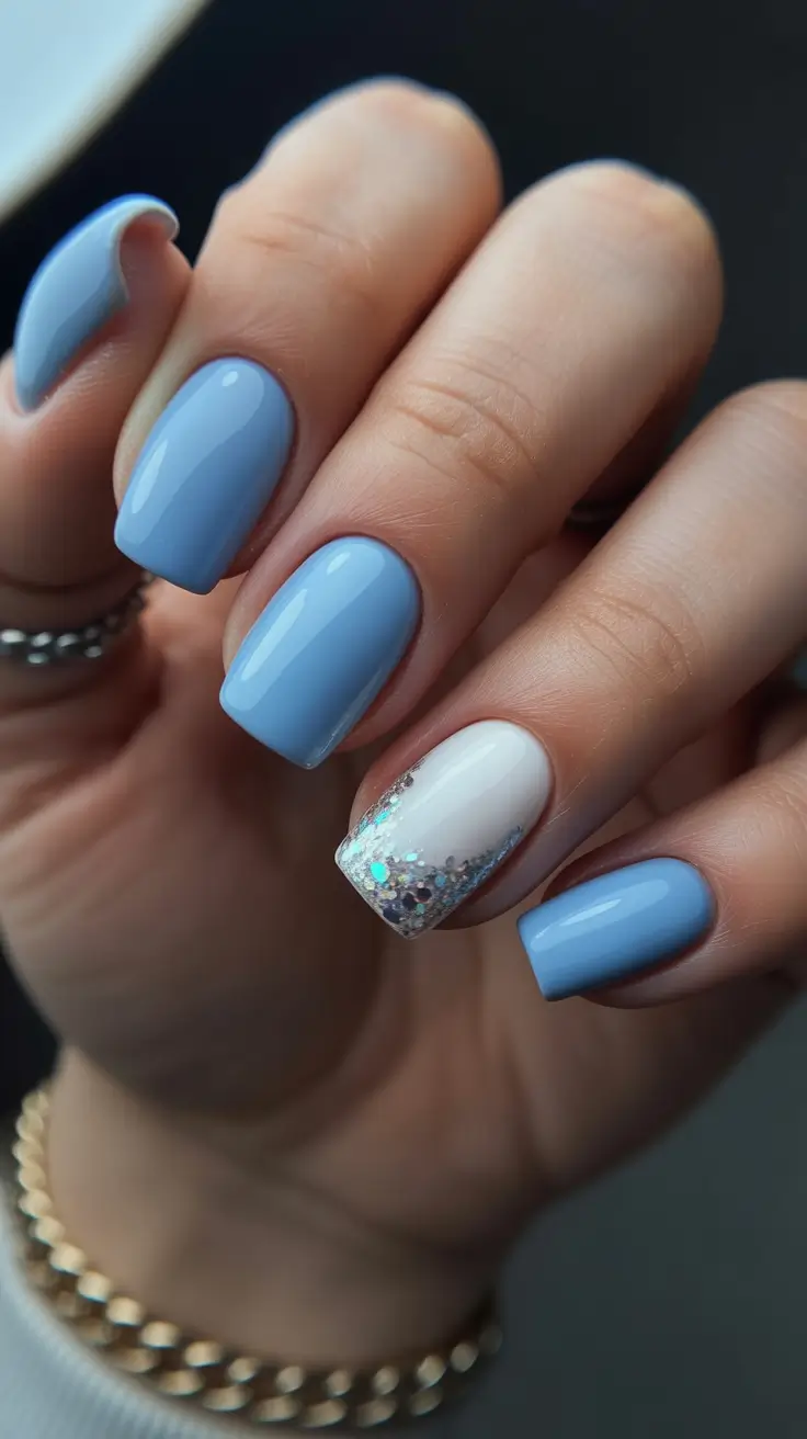classy spring wedding nails for 2026 Soft Blue Square Nails with Delicate Glitter Accent