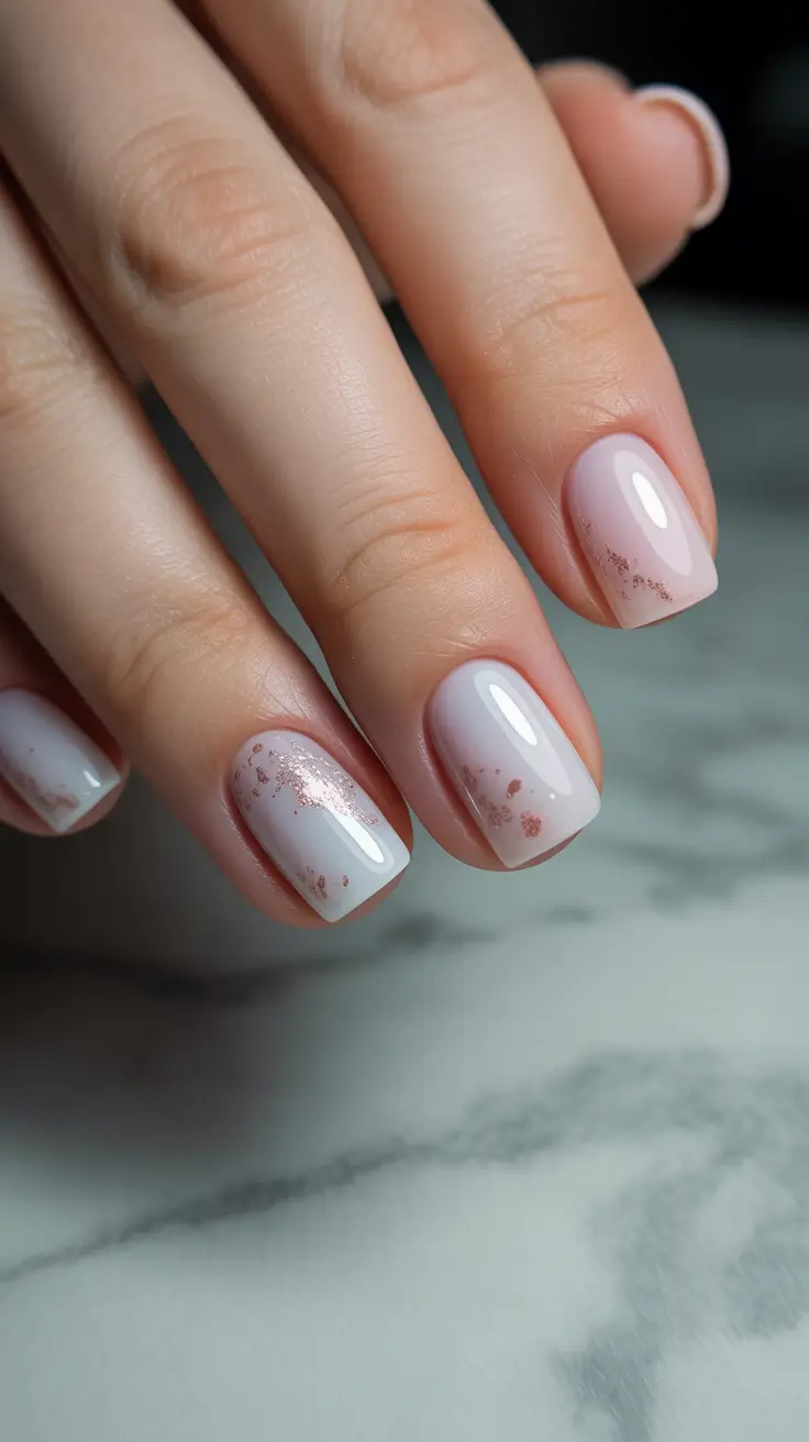 classy spring wedding nails for 2026 Sheer Square Nails with Delicate Rose Gold Sparkle