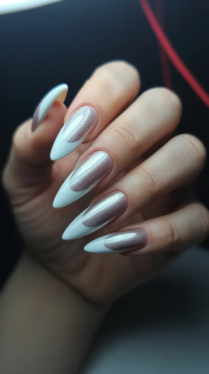 classy spring wedding nails for 2026 Modern French Almond Nails with Metallic Glow