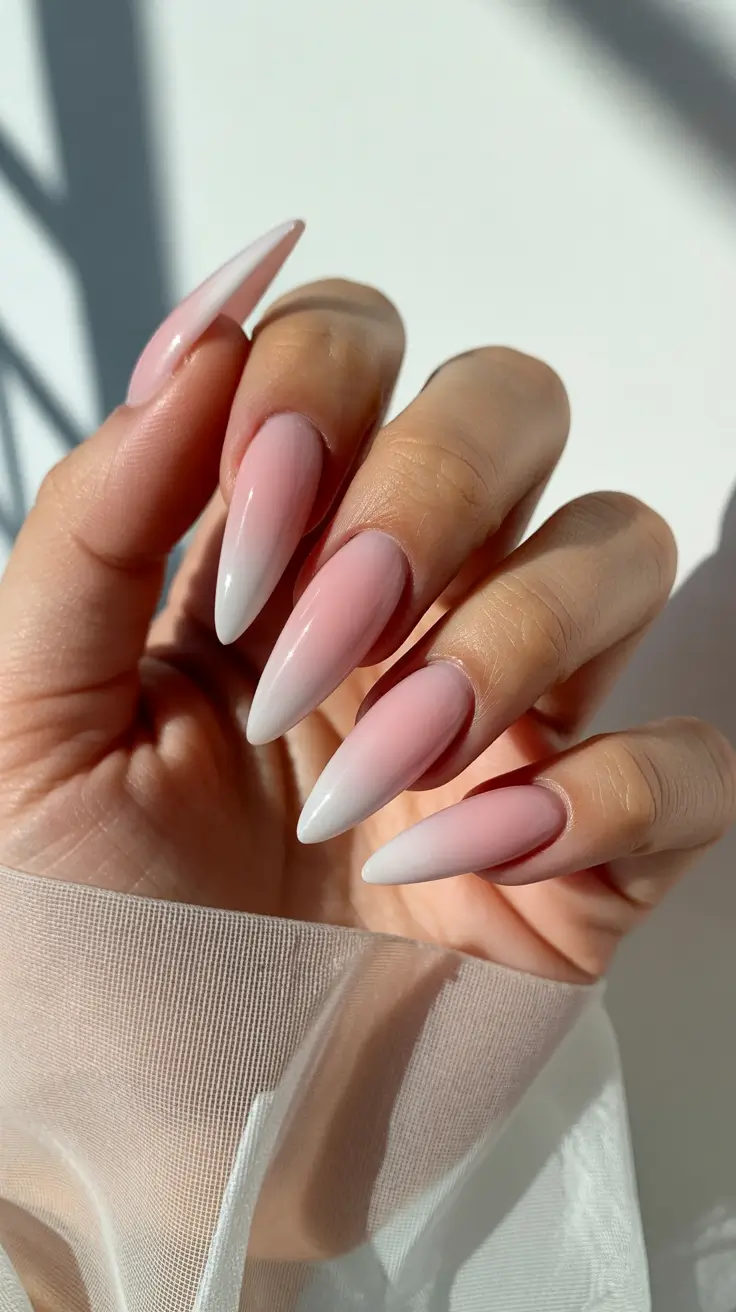 classy spring wedding nails for 2026 Elegant Pink Ombre Almond Nails for a Romantic Bride