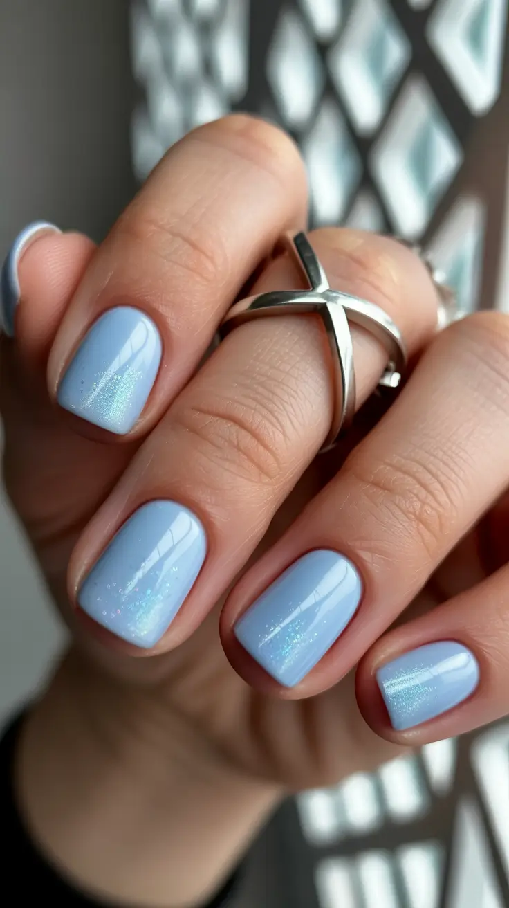 classy spring wedding nails for 2026 Light Blue Shimmer Nails for a Fresh Spring Wedding Look