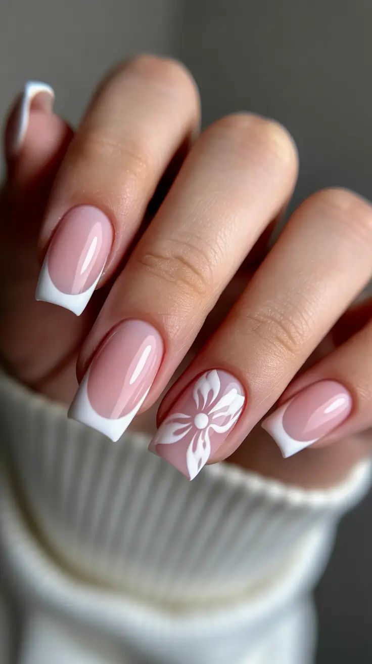 classy spring wedding nails for 2026 Classic French with Floral Accent for Spring Wedding Charm