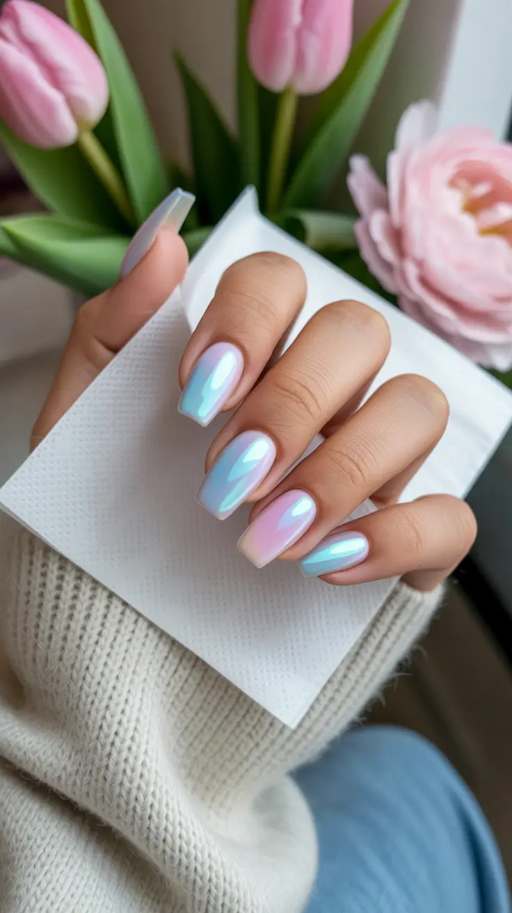 classy spring wedding nails for 2026 Pearl Chrome Square Nails with Iridescent Glow