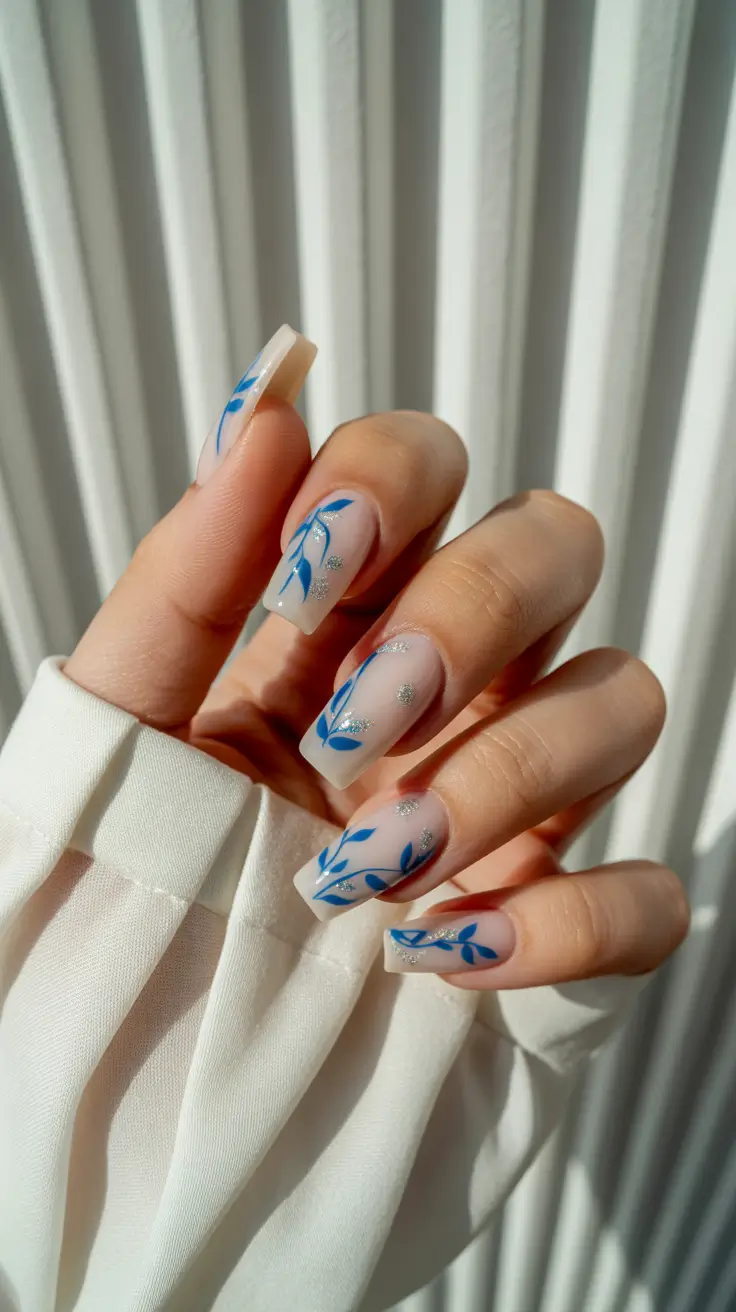 classy spring wedding nails for 2026 Minimal Blue Botanical Art for Garden Wedding Style