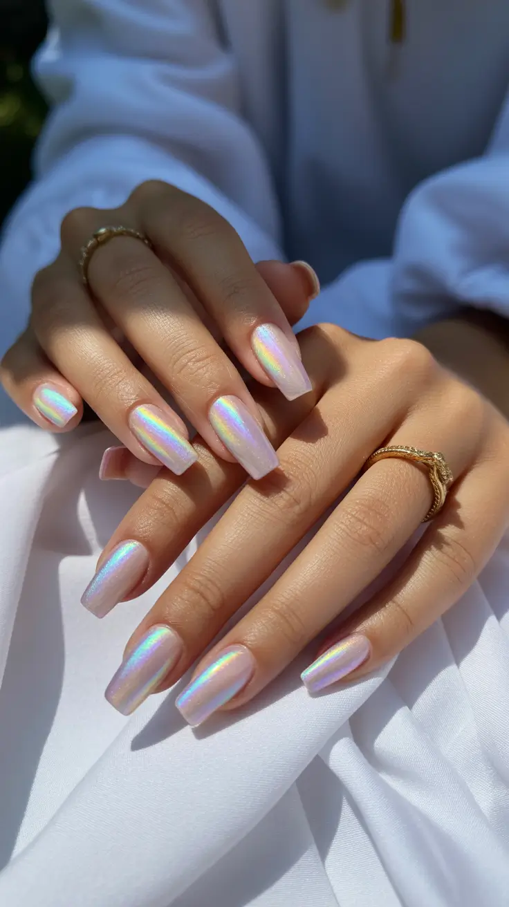 classy spring wedding nails for 2026 Iridescent Pearl Chrome Square Nails for a Modern Spring Bride