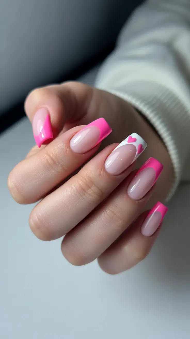 classy spring wedding nails for 2026 Playful Pink French Tips with Heart Details
