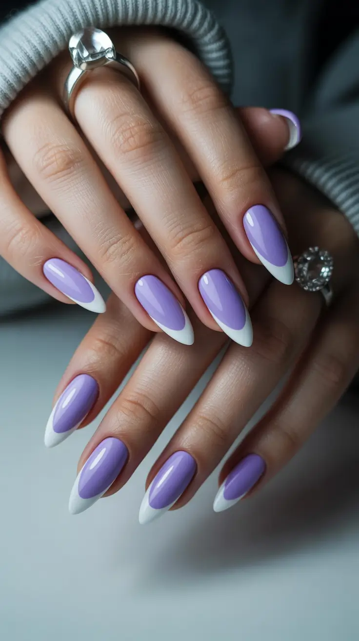 classy spring wedding nails for 2026 Lavender Almond French Nails with Soft Spring Color