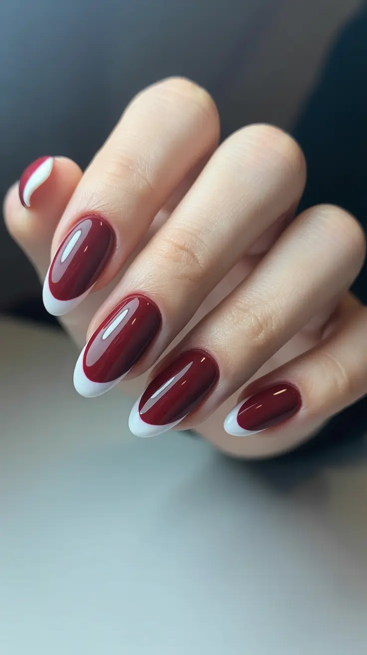 classy trendy spring nails 2026 Cherry Red French Twist with Soft Almond Elegance