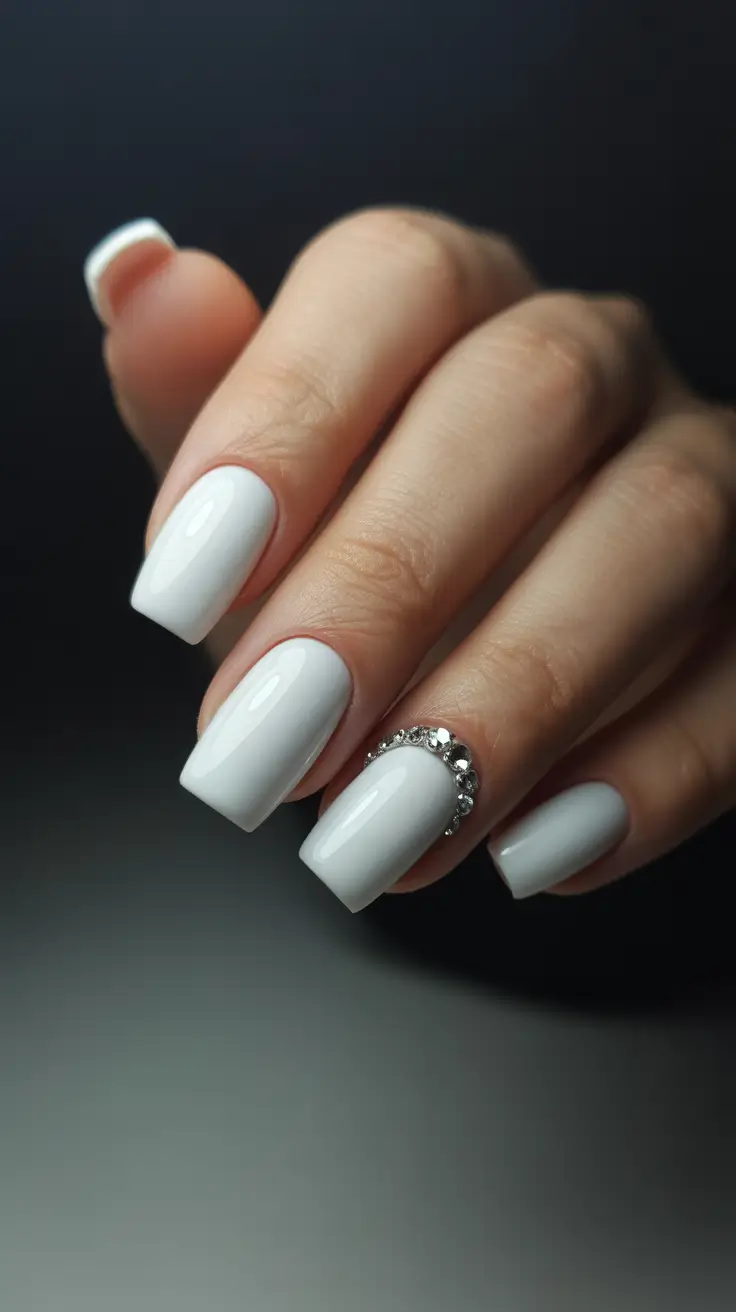 classy trendy spring nails 2026 Classic White Square Nails with Subtle Crystal Accent