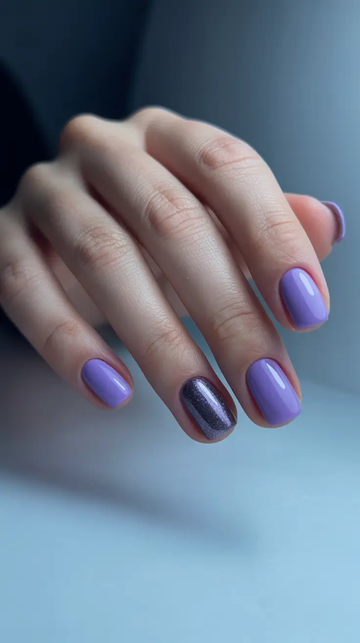 classy trendy spring nails 2026 Soft Lavender Short Nails with a Touch of Metallic Sparkle