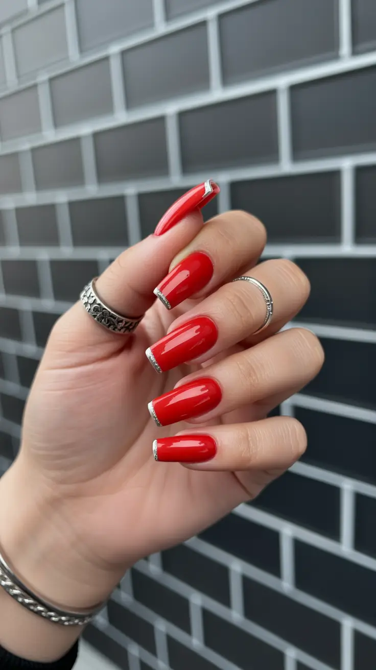classy trendy spring nails 2026 Cherry Red Shine with Delicate Metallic Tips