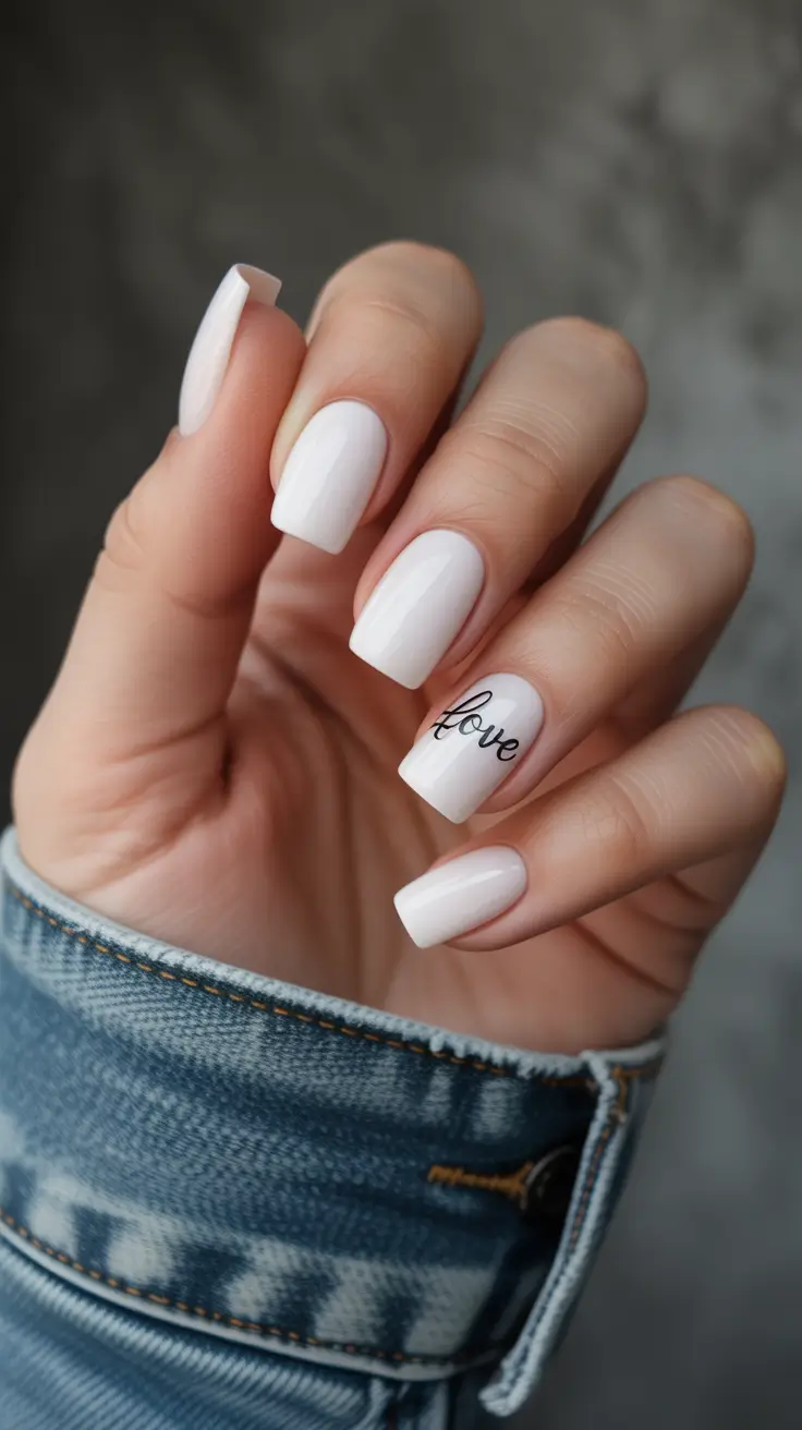 classy trendy spring nails 2026 Clean White Minimal Nails with Soft Script Detail