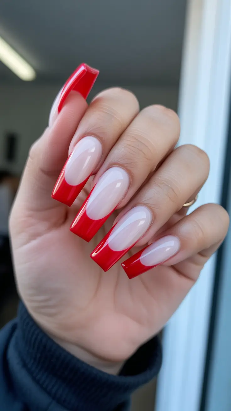 classy trendy spring nails 2026 Bold Red French Tips with Modern Square Structure