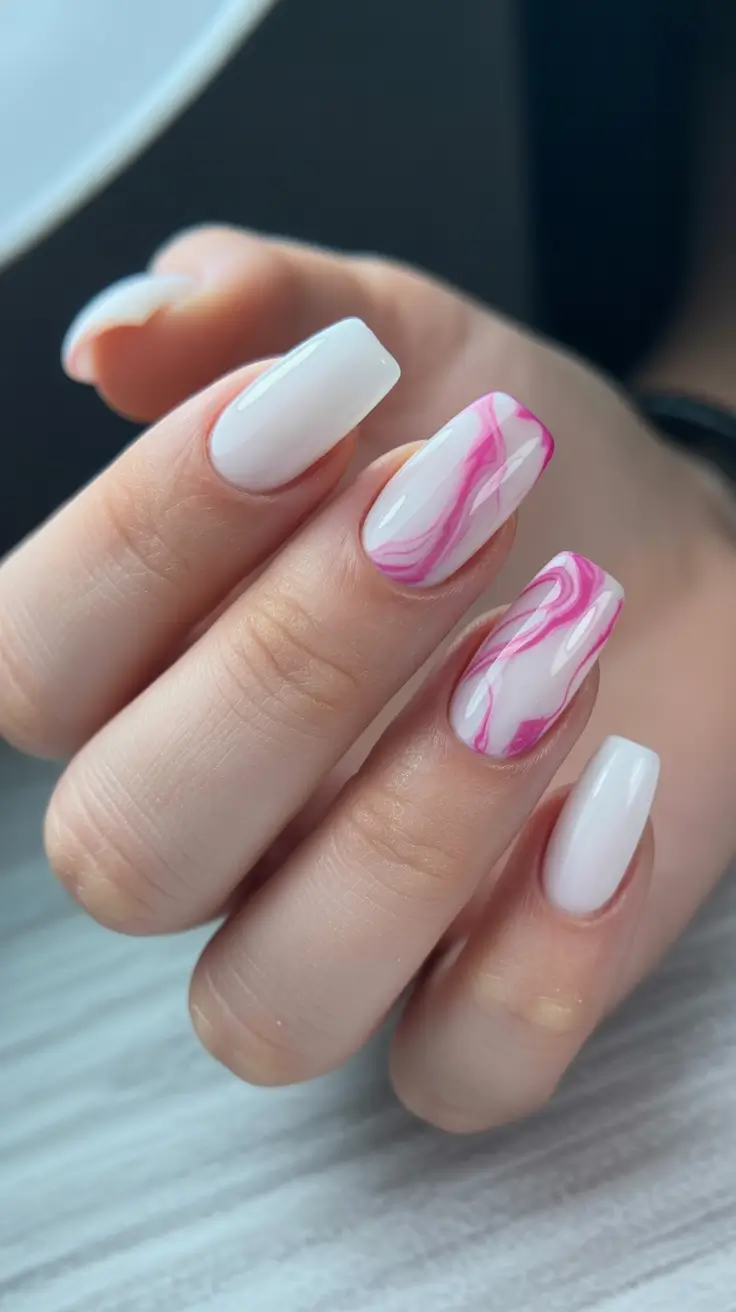 classy trendy spring nails 2026 Milky Marble Swirls with Feminine Spring Movement