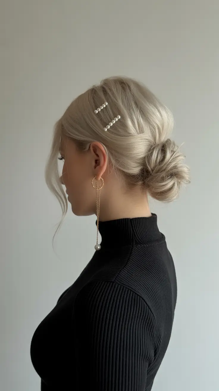 dreamy spring formal hairstyle ideas 2026 Low Twisted Bun with Pearl Accents - Elegant Spring Finish