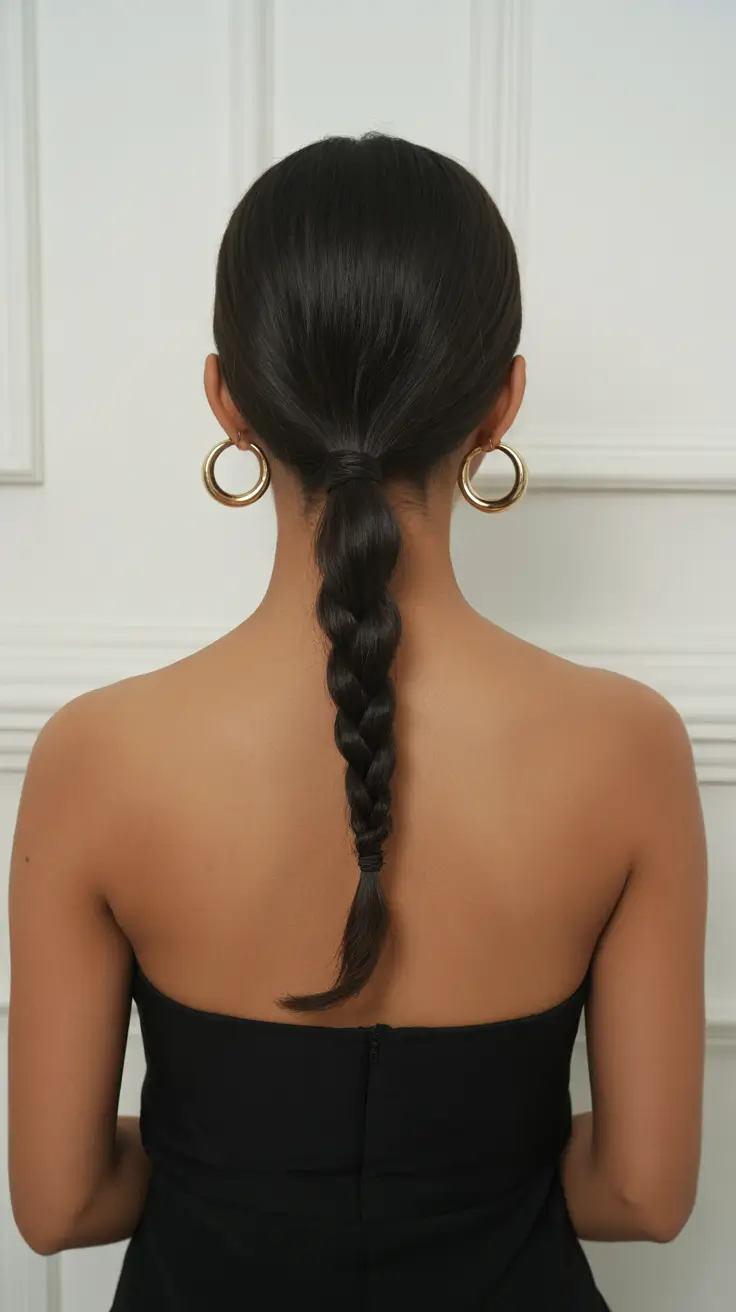 dreamy spring formal hairstyle ideas 2026 Glossy Low Ponytail Braid - Modern Elegance Redefined